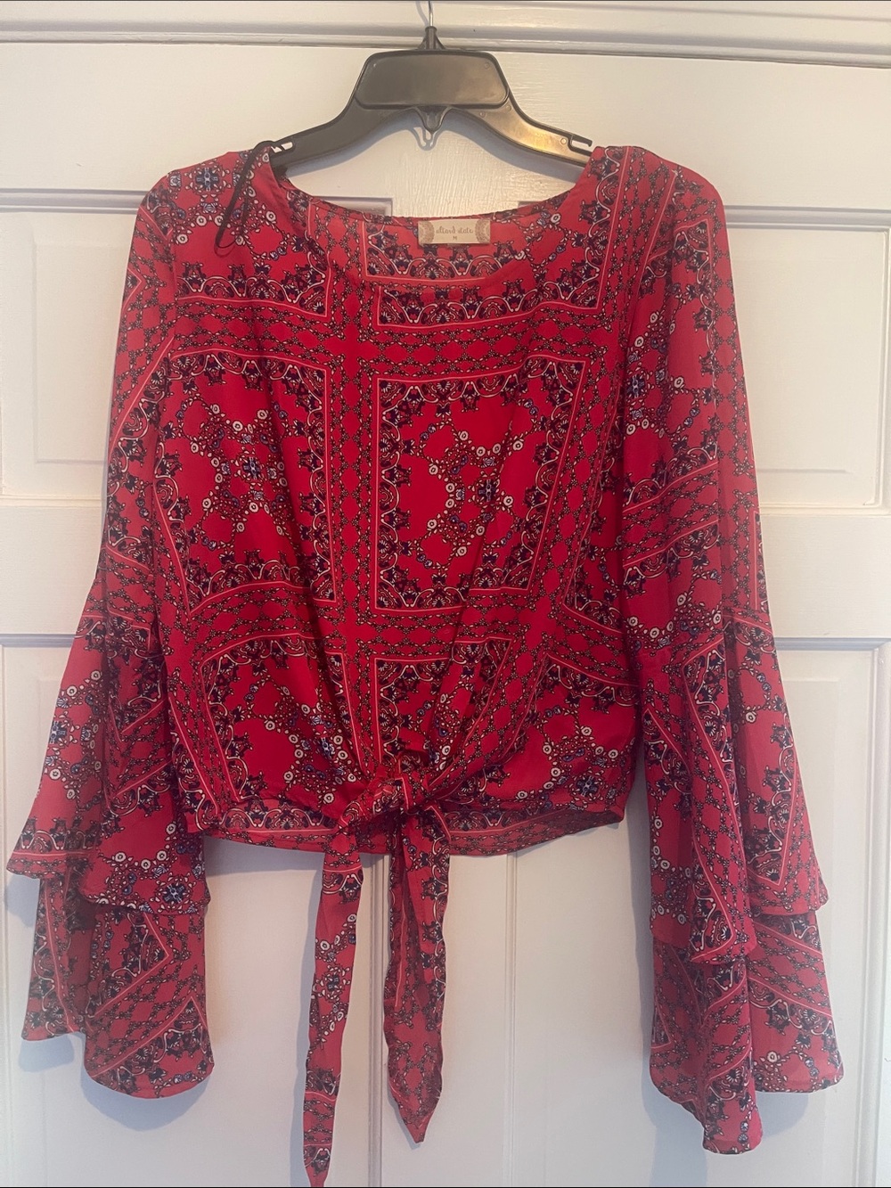 Altar'd State Red Floral Tie-Front Bell Sleeve Blouse